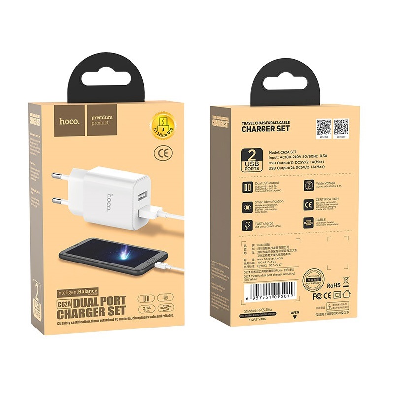 HOCO-C62A-VICTORIA-TRAVEL-CHARGER-DUAL-USB-21A-WHITE-SET-microUSB-CABLE-1