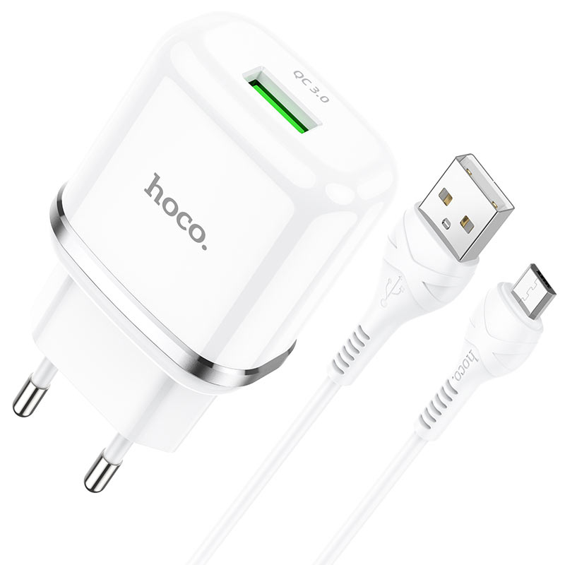 HOCO-N3-VIGOUR-TRAVEL-CHARGER-SINGLE-USB-QC3.0-18W-SET-microUSB-CABLE-WHITE