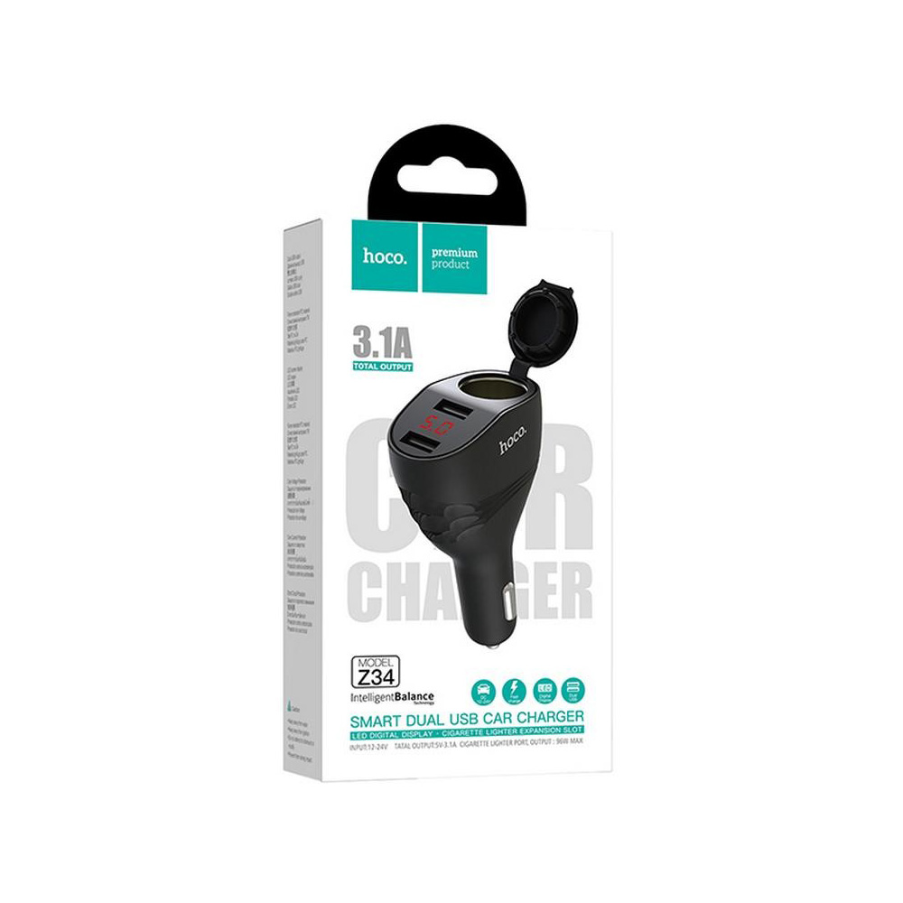 HOCO-Z34-THUNDER-CAR-CHARGER-DUAL-USB-5V-3.1A-MAX-AND-CHIGARETTE-LIGHTER-SLOT-96W-BLACK-1