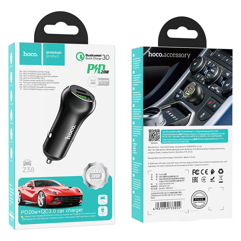 HOCO-Z38-RESOLUTE-CAR-CHARGER-PD20W-QC3.0-FAST-CHARGING-38W-BLACK-3