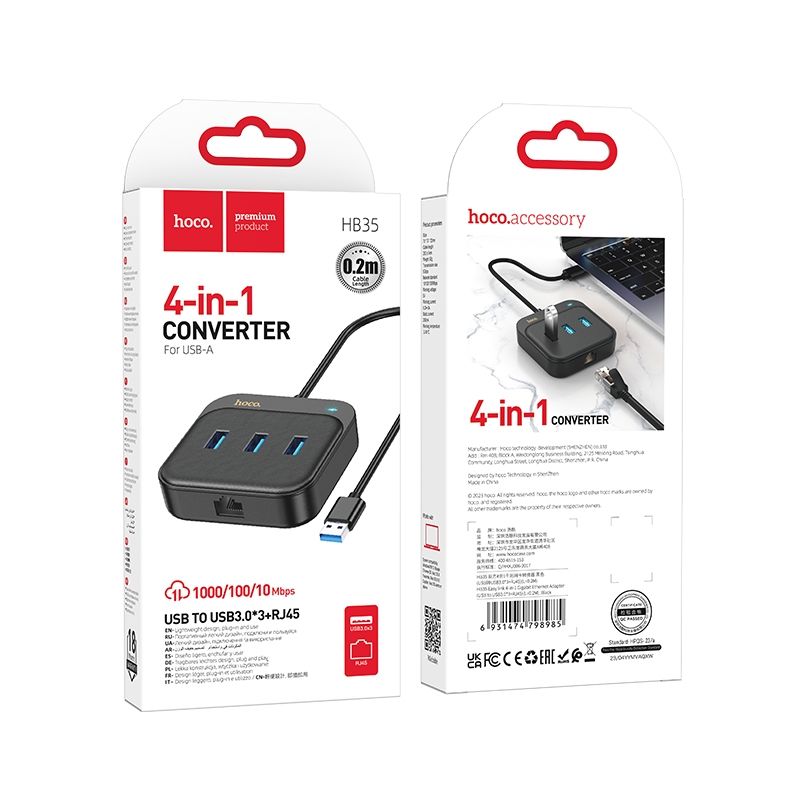HOCO-HB35-adapter-HUB-4in1-Typ-C-to-USB3.0-3RJ45-100Mbps-Gigabit-Ethernet-02m-black-48230