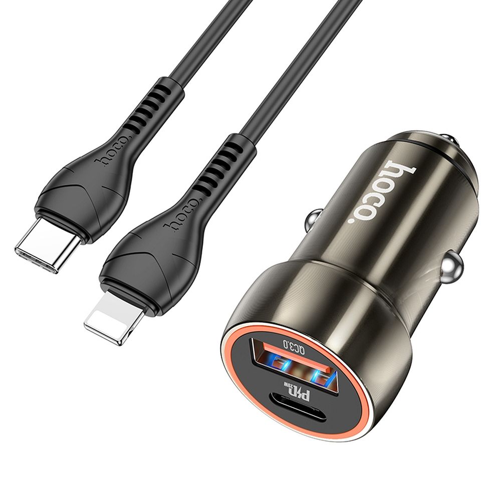 HOCO-Z46-car-charger-Type-C-USB-QC3.0-Power-Delivery-20W-with-cable-Lightning-metal-gray-48144