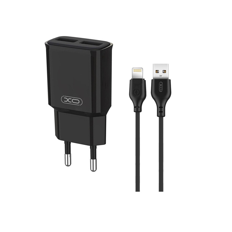 XO-L92C-wall-charger-2x-USB-Lightning-cable-24A-Black-49670