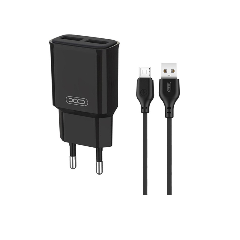 XO-L92C-wall-charger-2x-USB-MicroUSB-cable-24A-Black-49672