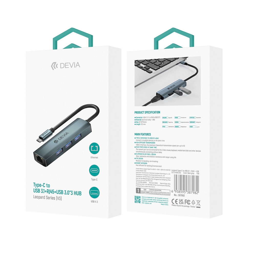 Devia-adapter-HUB-USB-C-3.1-to-4x-USB-3.0-deep-gray-50104