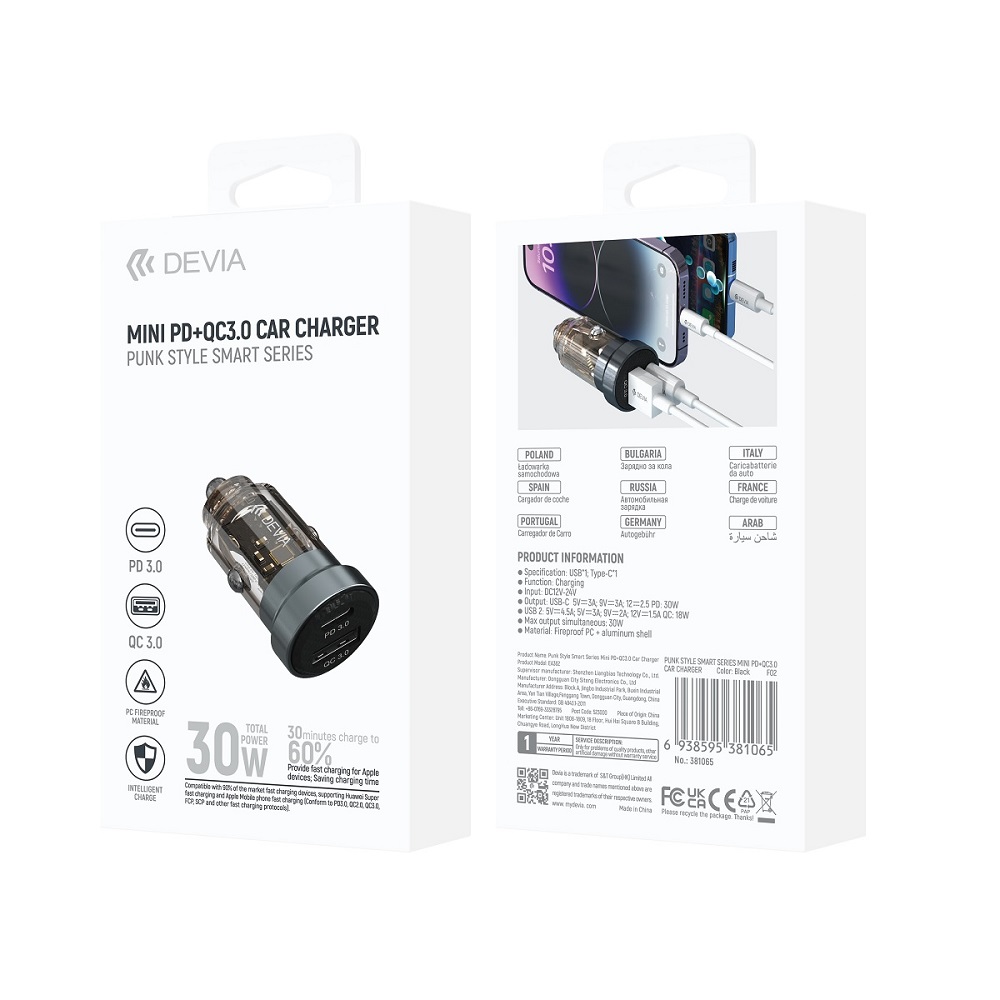 Devia-car-charger-Smart-1x-USB-1x-USB-C-30W-black-50041