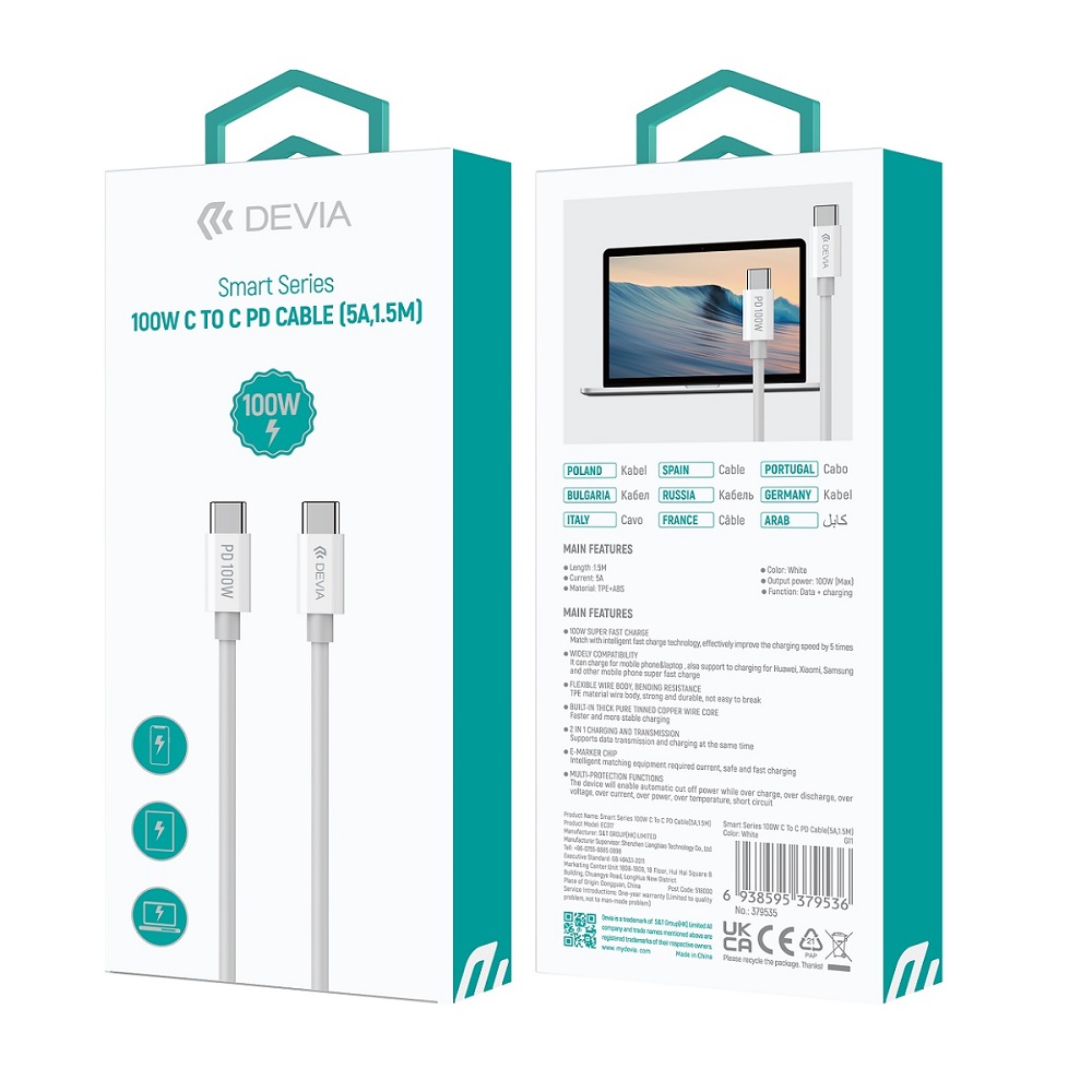 Devia-cable-Smart-PD-USB-C-USB-C-15-m-5A-white-100W-50919