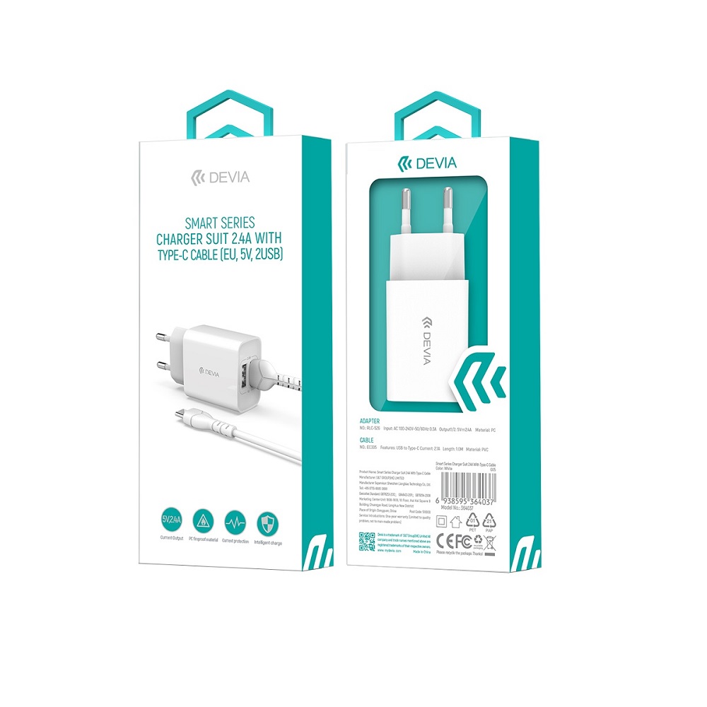 Devia-wall-charger-Smart-2x-USB-24A-white-USB-C-cable-50957