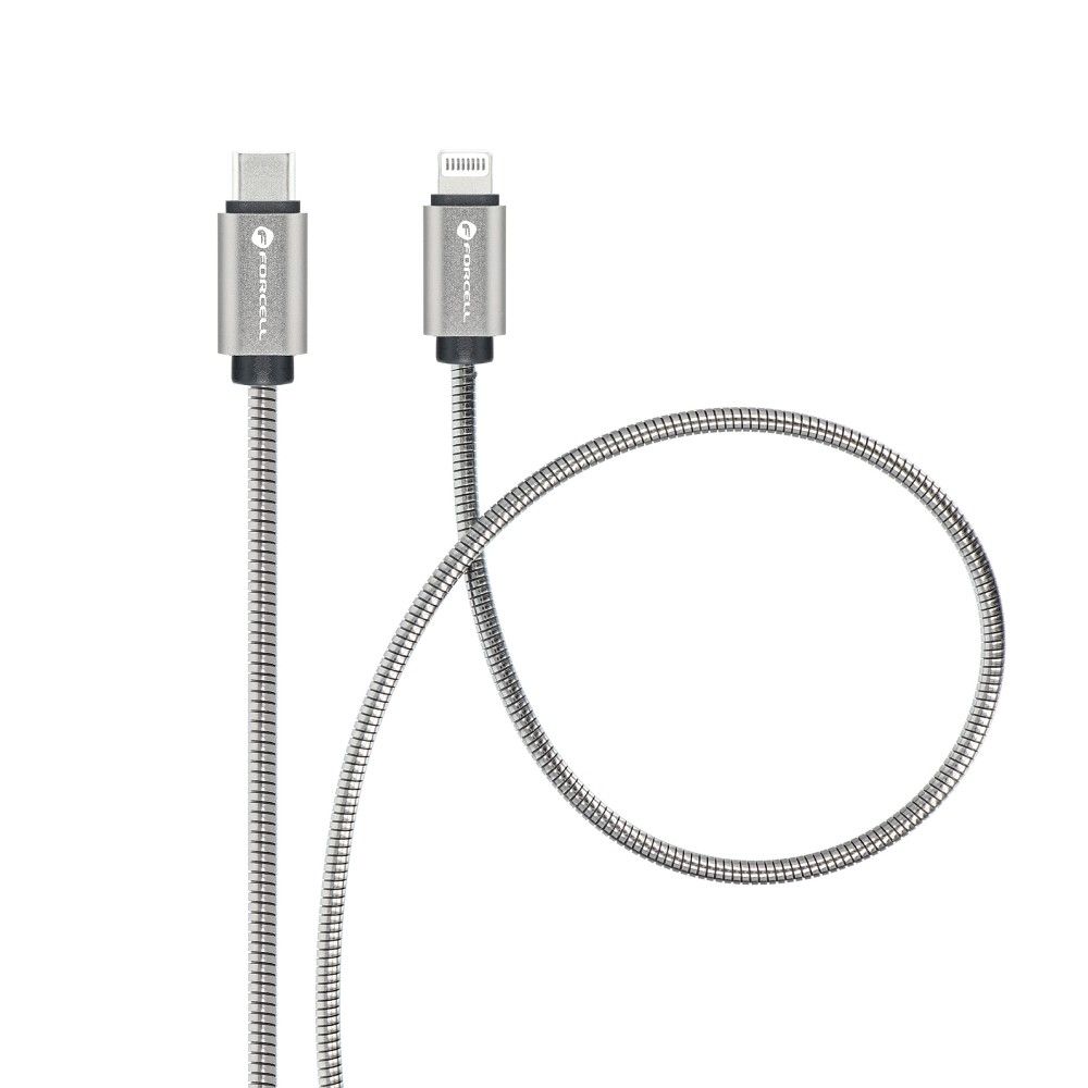 FORCELL-cable-Type-C-to-iPhone-Lightning-8-pin-QC3.0-PD-27W-Metal-C238-1m-silver-50819