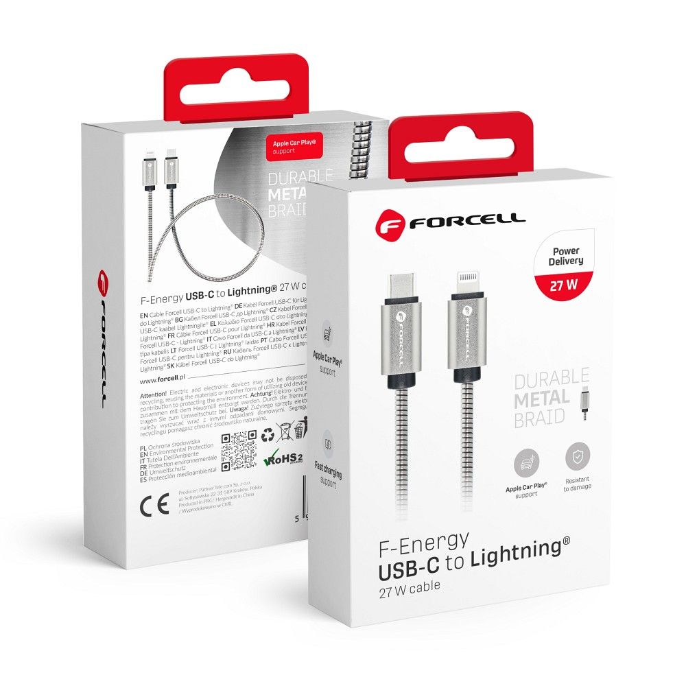 FORCELL-cable-Type-C-to-iPhone-Lightning-8-pin-QC3.0-PD-27W-Metal-C238-1m-silver-50820