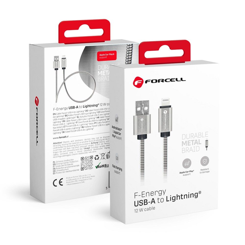 FORCELL-cable-USB-to-iPhone-Lightning-8-pin-24A-12W-Metal-C236-1m-silver-50881