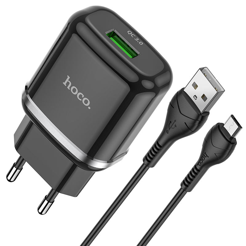 HOCO-N3-VIGOUR-TRAVEL-CHARGER-SINGLE-USB-QC3.0-18W-SET-microUSB-CABLE-BLACK