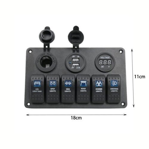 Πίνακας πάνελ με 6 Αδιάβροχους Διακόπτες, Αναπτήρα, Βολτόμετρο, 2 X USB (Θαλάσσια Σκάφη/Αυτοκίνητα/Τρακτέρ)