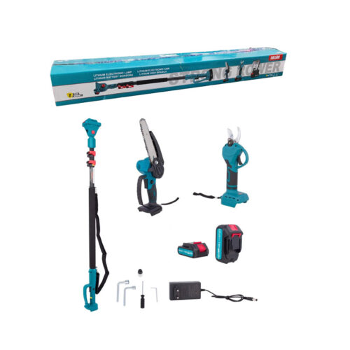 Σετ 3 σε 1 Αλυσοπρίονο με λίπανση– Ψαλίδι επαναφορτιζόμενο με τηλεσκοπικό κοντάρι & 2 μπαταρίες 48V SOL508 - Set 3 in 1 Chainsaw with lubrication