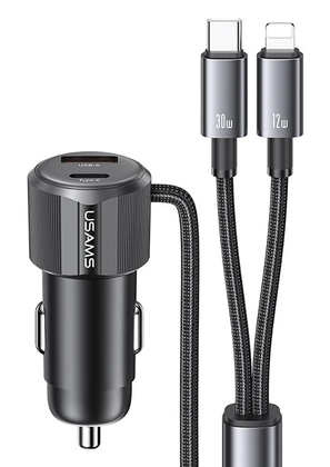 USAMS φορτιστής αυτοκινήτου CC287 με 2 σε 1 καλώδιο, USB/USB-C θύρες, 66W, μαύρος