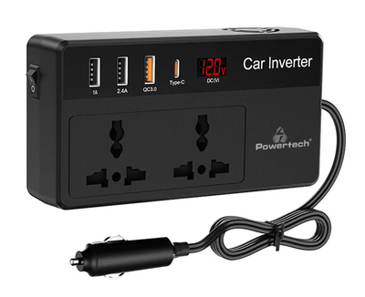 POWERTECH inverter αυτοκινήτου PTL-023, 200W, 12V DC σε 220V AC, με USB-C/3x USB