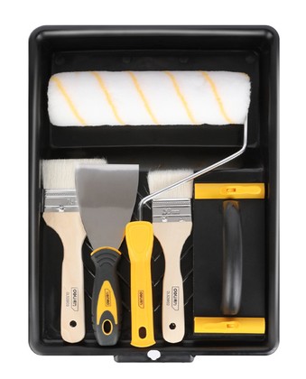 DELI σετ βαφής DL528006, ρολό/2x πινέλα/σπάτουλα/γυαλοχαρτιέρα/σκάφη, 6τμχ