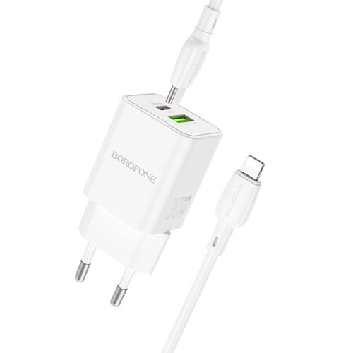 Borofone Wall charger BN14 Royal GaN - USB + Type C - QC 3.0 PD 30W with Type C to Lightning cable white