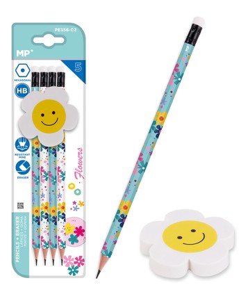 MP σετ ξύλινα μολύβια & γόμα Flowers PE356-02, εξάγωνα, HB, 5τμχ