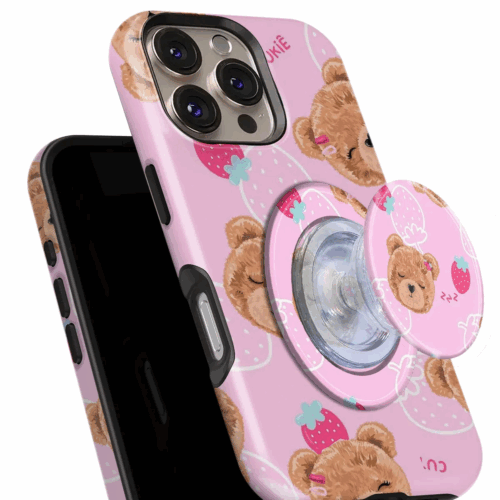 Θήκη iPhone για Όλα τα μοντέλα 3D Design Με PopSocket και Σχέδιο Teddy Bear and Strawberries (Κωδ:1083)