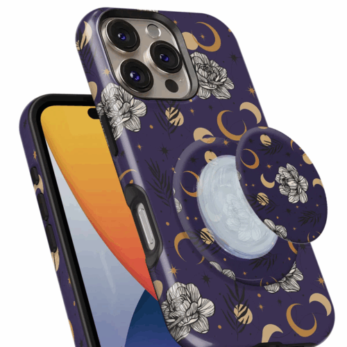Θήκη iPhone για Όλα τα μοντέλα 3D Design Με PopSocket και Σχέδιο Flowers And The Moon (Κωδ:1106)