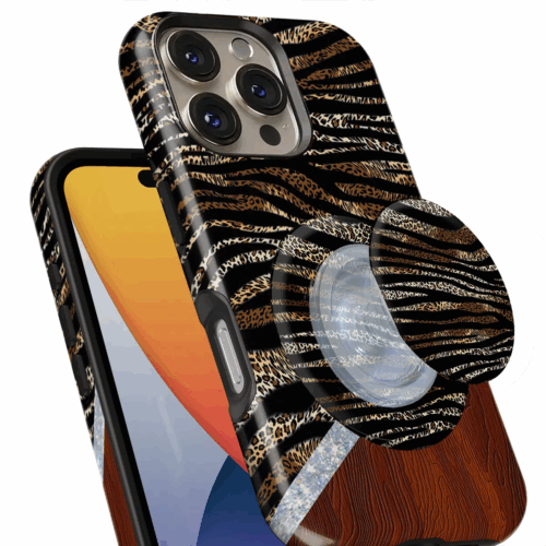 Θήκη iPhone για Όλα τα μοντέλα 3D Design Με PopSocket και Σχέδιο Wood and Leopards (Κωδ:1107)