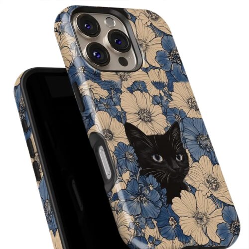 Θήκη Samsung για Όλα τα μοντέλα 3D Design Με Σχέδιο Black Cat Blue Flowers (Κωδ:1176)