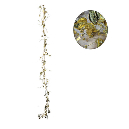 Χριστουγεννιάτικη Φωτιζόμενη Χρυσή Γιρλάντα με Φύλλα και Πέρλες 120cm - Christmas Lighted Garland with Leaves and Pearls