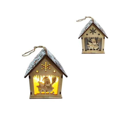 Ξύλινο Κρεμαστό Σπιτάκι με Φως και Άγιο Βασίλη 9cm - Wooden Hanging House with Light and Santa