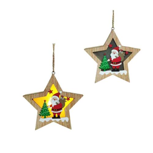Ξύλινο Κρεμαστό Αστέρι με Φως και Άγιο Βασίλη 11cm -  Wooden Hanging Star with Light and Santa