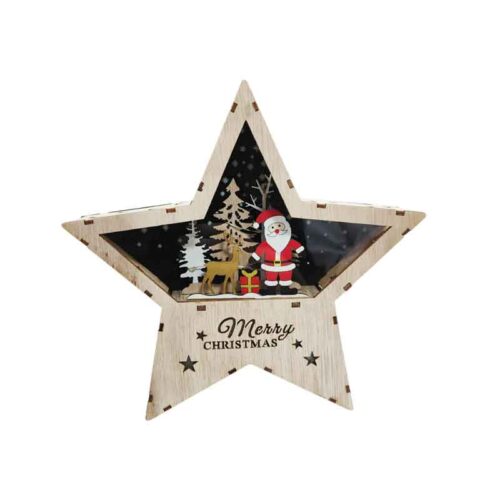 Ξύλινο Αστέρι με Φως και Σχέδιο Άγιου Βασίλη 22cm - Wooden Star with Light and Santa Design