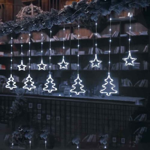 Χριστουγεννιάτικα Φωτάκια Κουρτίνα Δεντράκια & Αστεράκια Ψυχρό Χρώμα 10L 3M - Christmas decoration lights white light