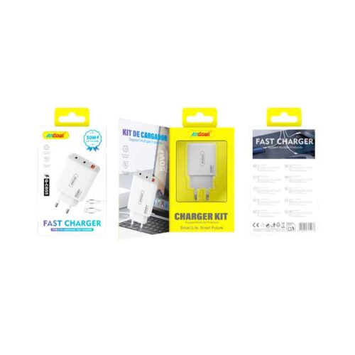 Andowl Γρήγορος φορτιστής κινητού με καλώδιο QC 3.0 PD 65W με Διπλή Έξοδο USB-C & USB-A Q-CD55 -Mobile charger Q-CD55