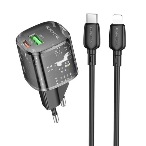 Borofone Wall charger BN17 Sunlight - USB + Type C - QC 3.0 PD 20W 3A with Type C to Lightning cable black