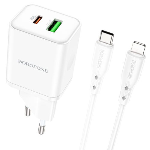Borofone Wall charger BN7 - USB + Type C - QC 3.0 PD 20W with Type C to Lightning cable white