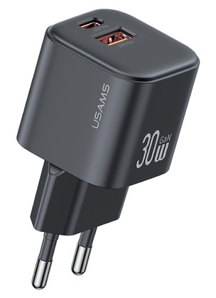 USAMS φορτιστής τοίχου CC263, USB & USB-C, 30W, GaN, μαύρος