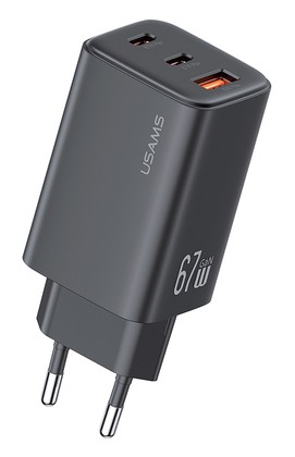 USAMS φορτιστής τοίχου CC265, USB & 2x USB-C, 67W, GaN, μαύρος