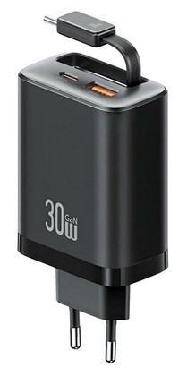 USAMS φορτιστής τοίχου CC296 με καλώδιο, USB & USB-C, 30W, μαύρος