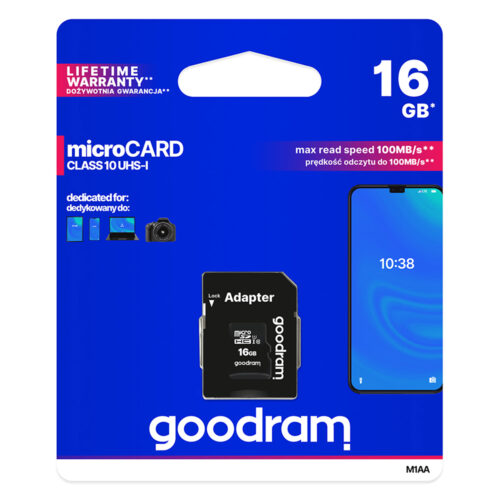 GOODRAM Memory MicroSD Card - 16GB with adapter UHS I CLASS 10 100MB/s