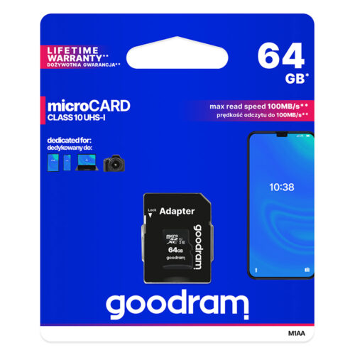 GOODRAM Memory MicroSD Card - 64GB with adapter UHS I CLASS 10 100MB/s