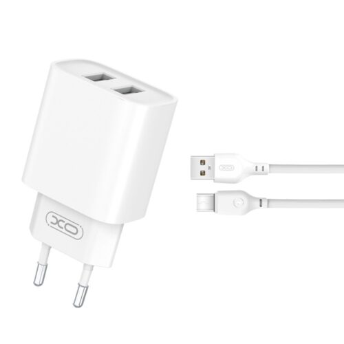 XO CE02C wall charger 2xUSB-A, 2,1A white + USB-A to USB-C cable