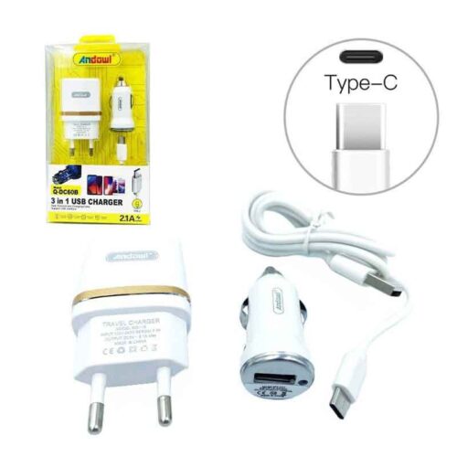 Andowl Σετ Αυτοκίνητου και Πρίζας με Θύρα USB-A και Καλώδιο USB-C Λευκός Q-DC60B