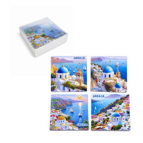 Σετ Σουβέρ 4 Τεμαχίων με Κουτί Σχέδιο Σαντορίνη 11x11cm - Santorini Greece Coaster Set of 4 with Box