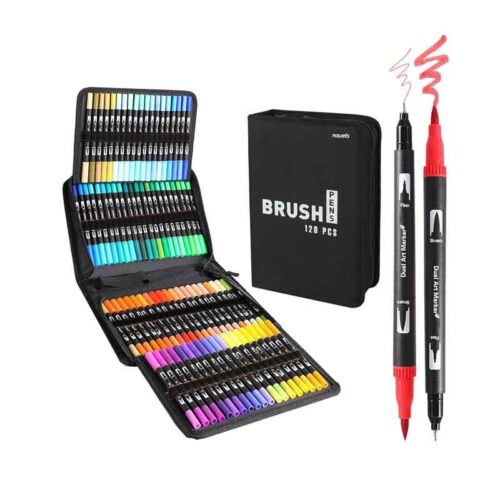Σετ Μαρκαδόροι Brush Διπλής Μύτης 120 Τεμαχίων με Θήκη - 120pcs Dual Tip Brush Markers Set with Case