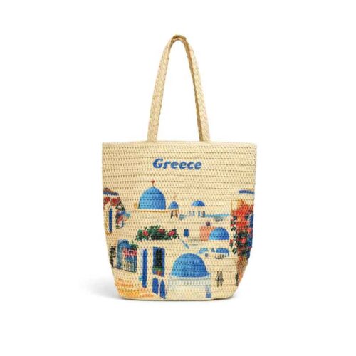Τσάντα Θαλάσσης Ψάθινη με Σχέδιο Ελληνικού Νησιού – Straw Beach Bag Greek Island Print