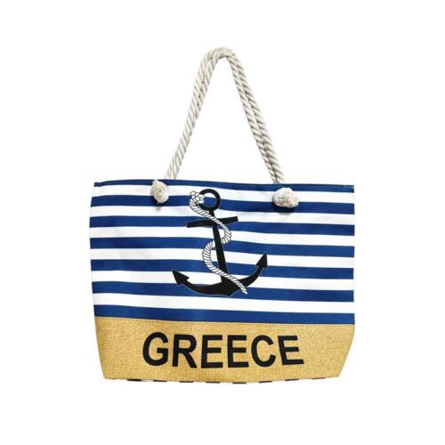 Τσάντα Θαλάσσης Greece με Ρίγες και Άγκυρα Ναυτικό Σχέδιο - Greece Beach Bag with Stripes and Anchor Nautical Design