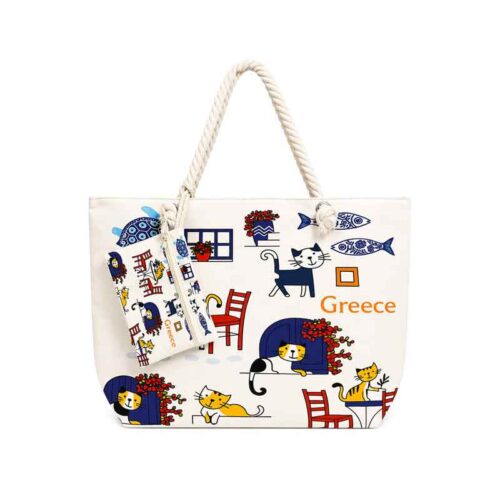 Τσάντα Θαλάσσης Greece με Σχέδιο Γάτες και Νεσεσέρ - Greece Beach Bag with Cats Design and Pouch