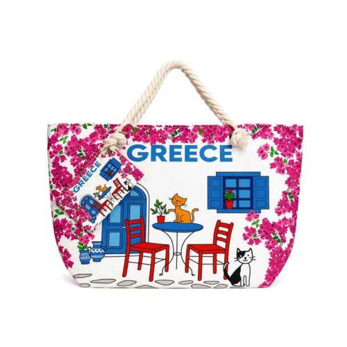 Τσάντα Θαλάσσης Greece με Σχέδιο Παραδοσιακό Σπιτάκι και Γάτες - Greece Beach Bag with Traditional House and Cats Design