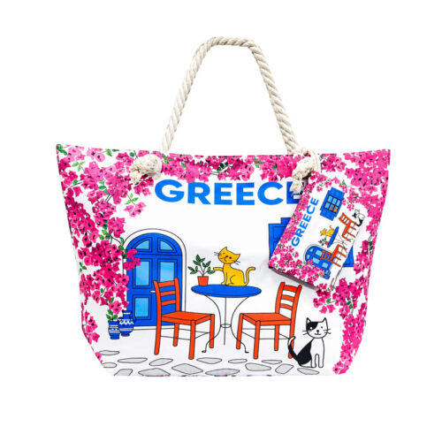 Τσάντα Θαλάσσης Greece με Γάτες και Λουλούδια - Greece Beach Bag