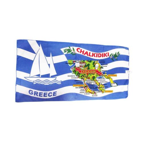 Πετσέτα Θαλάσσης Χαλκιδική με Χάρτη και Ελληνική Σημαία 140x70cm - Chalkidiki Beach Towel with Map and Greek Flag